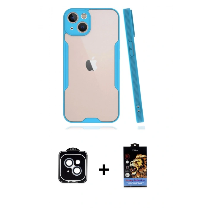 MARSİLYAN™- iPhone 14 Kılıf Atlas Asil Serisi - Siyah Buffer Hayalet Cam Ekran Koruyucu + PVD Metal Kamera Lens - MI
