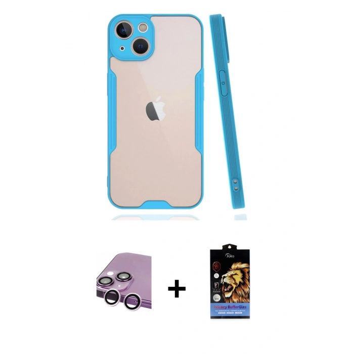 MARSİLYAN™- iPhone 14 Kılıf Atlas Asil Serisi - Siyah Buffer Hayalet Cam Ekran Koruyucu + Mor Raze Metal Kamera Lens