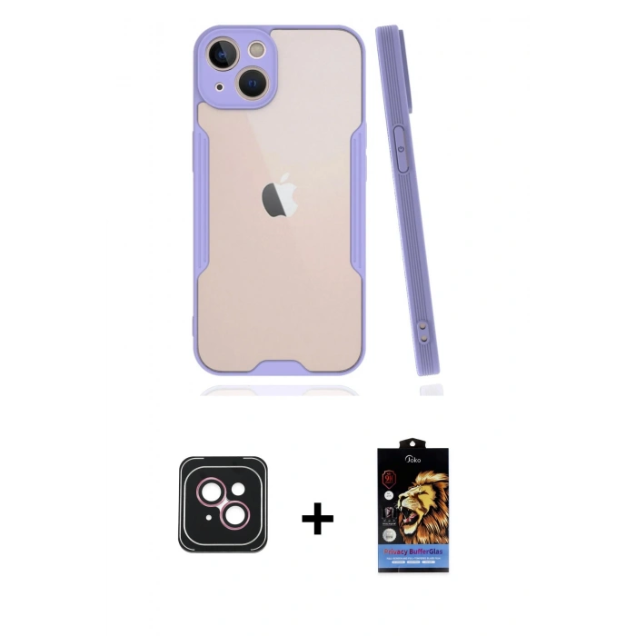 MARSİLYAN™- iPhone 14 Kılıf Atlas Asil Serisi - Siyah Buffer Hayalet Cam Ekran Koruyucu + PVD Metal Kamera Lens - PE