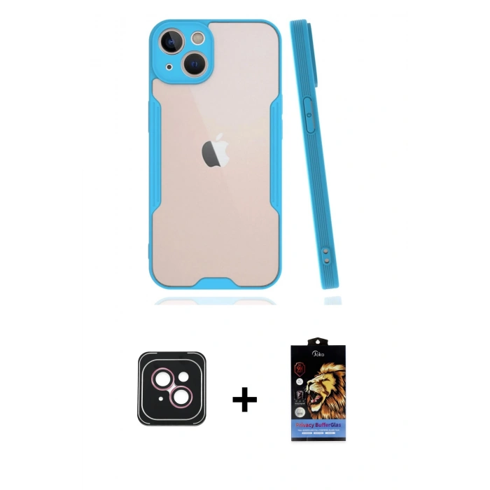 MARSİLYAN™- iPhone 14 Kılıf Atlas Asil Serisi - Siyah Buffer Hayalet Cam Ekran Koruyucu + PVD Metal Kamera Lens - PE