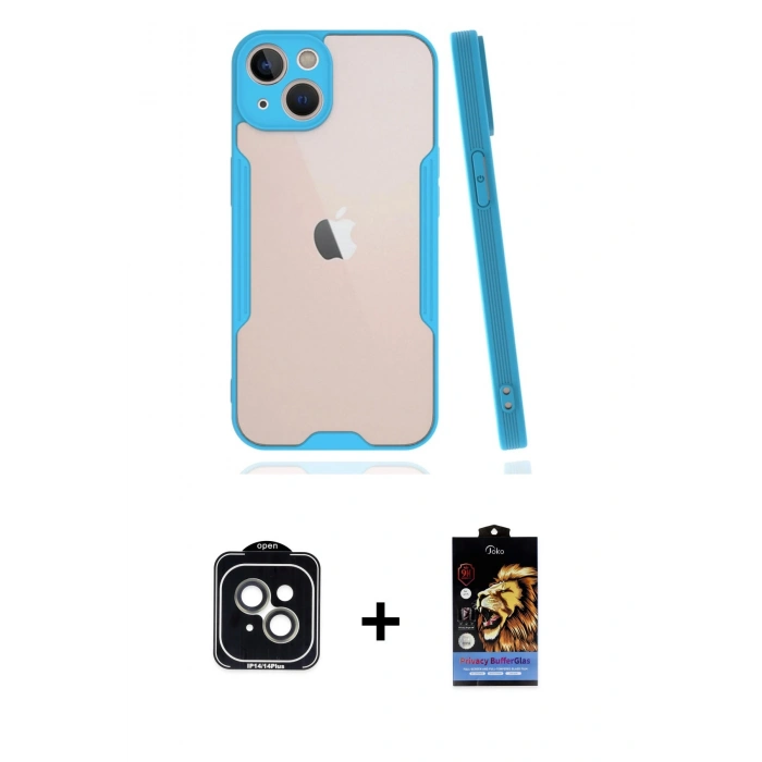MARSİLYAN™- iPhone 14 Kılıf Atlas Asil Serisi - Siyah Buffer Hayalet Cam Ekran Koruyucu + PVD Metal Kamera Lens - YL