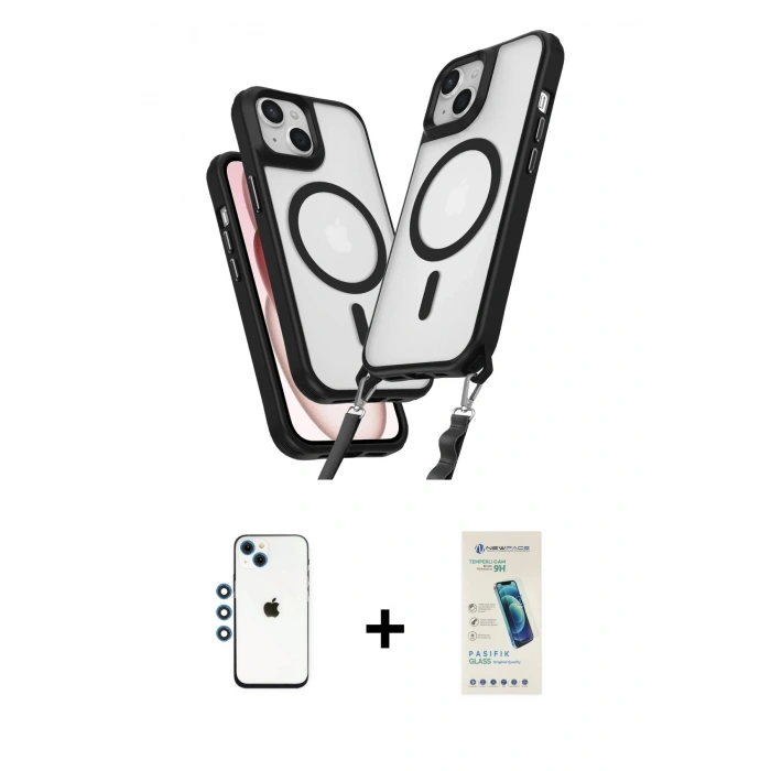 MARSİLYAN™- iPhone 14 Kılıf Atlas Doku Koleksiyonu - Şeffaf Pasifik Cam Ekran Koruyucu + Shine Kamera Lens - MI