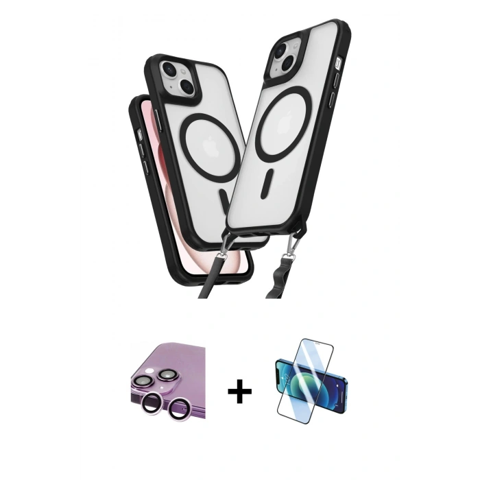 MARSİLYAN™- iPhone 14 Kılıf Atlas Doku Koleksiyonu - Siyah 3D Antistatik Cam Ekran Koruyucu + Raze Metal Kamera Lens - MR