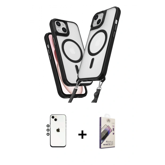 MARSİLYAN™- iPhone 14 Kılıf Atlas Doku Koleksiyonu - Siyah Bilvis 3D Mat Cam Ekran Koruyucu + Shine Kamera Lens - GS