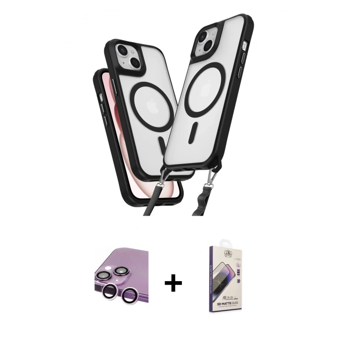 MARSİLYAN™- iPhone 14 Kılıf Atlas Doku Koleksiyonu - Siyah Bilvis 3D Mat Cam Ekran Koruyucu + Raze Metal Kamera Lens - MR