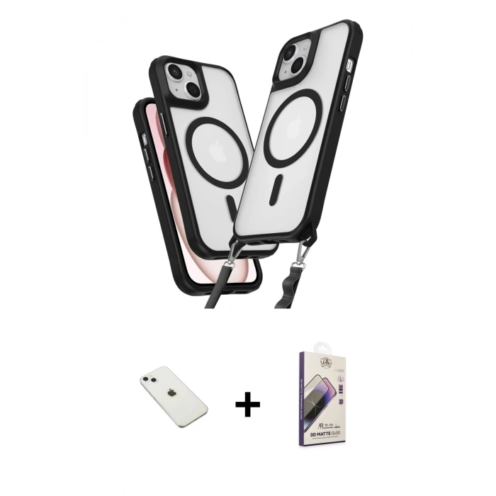 MARSİLYAN™- iPhone 14 Kılıf Atlas Doku Koleksiyonu - Siyah Bilvis 3D Mat Cam Ekran Koruyucu + Diamond Kamera Lens - SABE