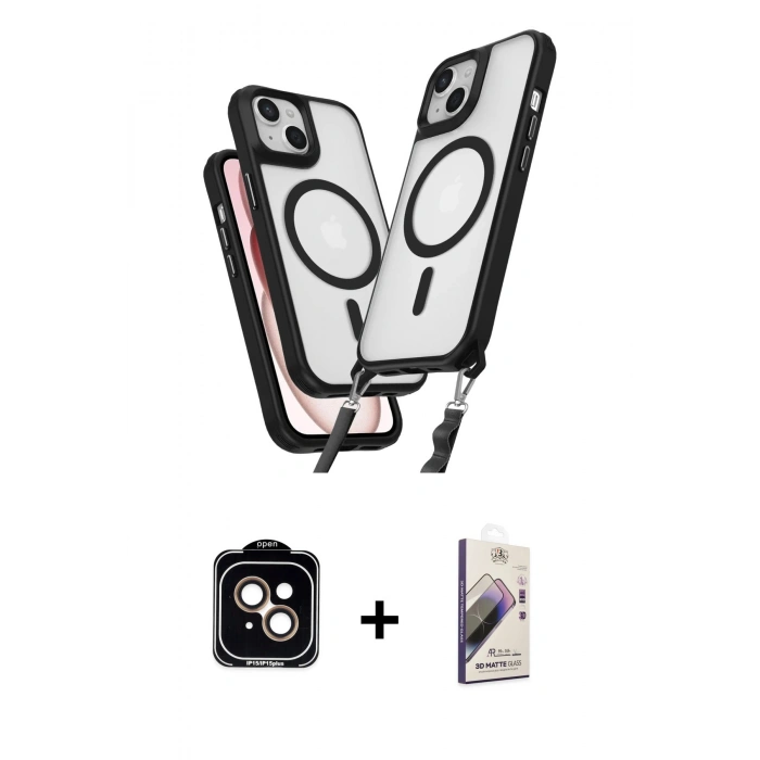 MARSİLYAN™- iPhone 14 Kılıf Atlas Doku Koleksiyonu - Siyah Bilvis 3D Mat Cam Ekran Koruyucu + PVD Metal Kamera Lens - TU