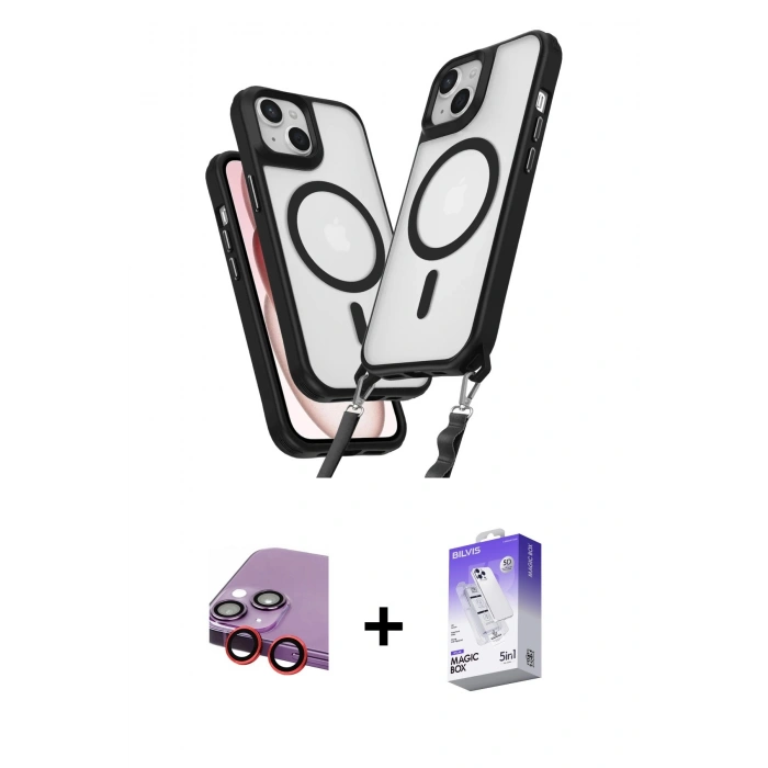 MARSİLYAN™- iPhone 14 Kılıf Atlas Doku Koleksiyonu - Siyah Bilvis 5in1 3D Magic Cam Ekran Koruyucu + Raze Metal Kamera Lens - KI