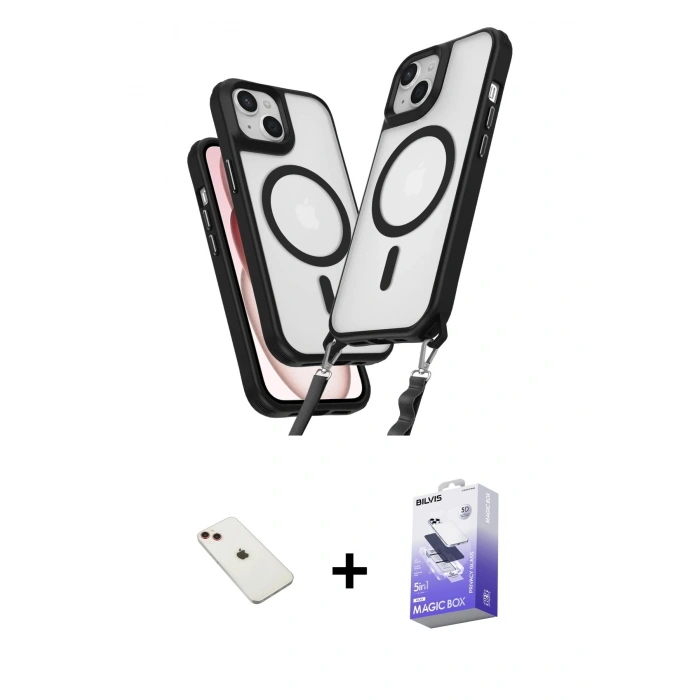 MARSİLYAN™- iPhone 14 Kılıf Atlas Doku Koleksiyonu - Siyah Bilvis 5in1 5D Magic Hayalet Cam Ekran Koruyucu + Diamond Kamera Lens - KI
