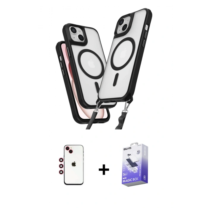 MARSİLYAN™- iPhone 14 Kılıf Atlas Doku Koleksiyonu - Siyah Bilvis 5in1 5D Magic Hayalet Cam Ekran Koruyucu + Shine Kamera Lens - KI