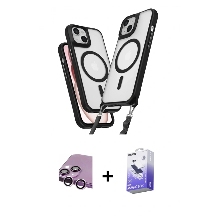 MARSİLYAN™- iPhone 14 Kılıf Atlas Doku Koleksiyonu - Siyah Bilvis 5in1 5D Magic Hayalet Cam Ekran Koruyucu + Raze Metal Kamera Lens - MR