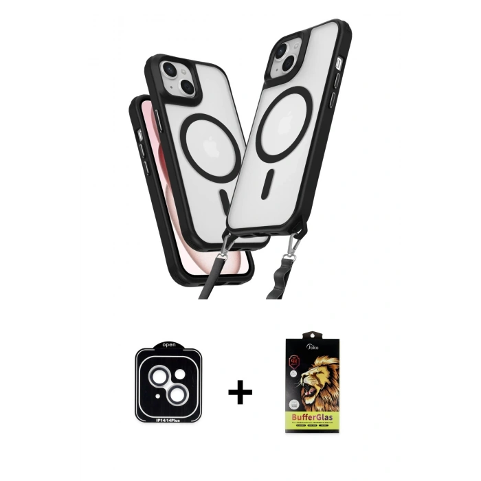 MARSİLYAN™- iPhone 14 Kılıf Atlas Doku Koleksiyonu - Siyah Buffer Cam Ekran Koruyucu + PVD Metal Kamera Lens - GS