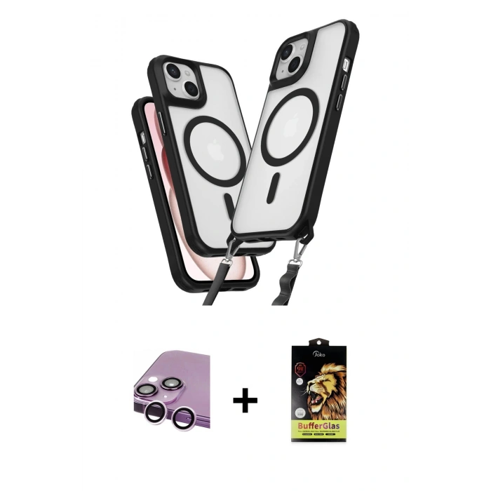 MARSİLYAN™- iPhone 14 Kılıf Atlas Doku Koleksiyonu - Siyah Buffer Cam Ekran Koruyucu + Mor Raze Metal Kamera Lens