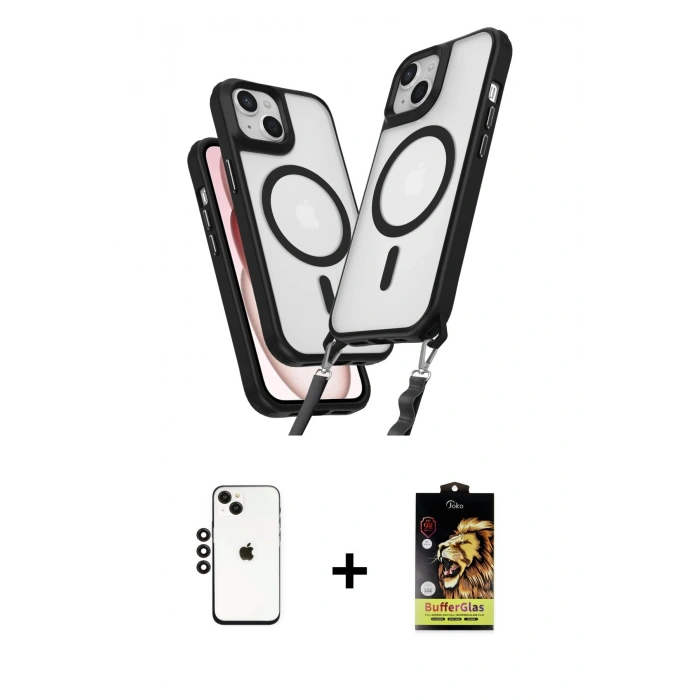 MARSİLYAN™- iPhone 14 Kılıf Atlas Doku Koleksiyonu - Siyah Buffer Cam Ekran Koruyucu + Shine Kamera Lens - SH