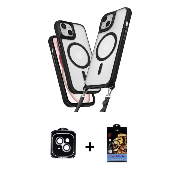 MARSİLYAN™- iPhone 14 Kılıf Atlas Doku Koleksiyonu - Siyah Buffer Hayalet Cam Ekran Koruyucu + PVD Metal Kamera Lens - MI