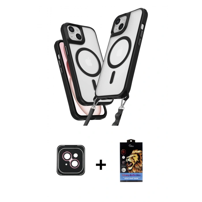 MARSİLYAN™- iPhone 14 Kılıf Atlas Doku Koleksiyonu - Siyah Buffer Hayalet Cam Ekran Koruyucu + PVD Metal Kamera Lens - PE