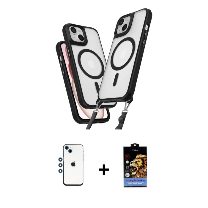 MARSİLYAN™- iPhone 14 Kılıf Atlas Doku Koleksiyonu - Siyah Buffer Hayalet Cam Ekran Koruyucu + Shine Kamera Lens - MI