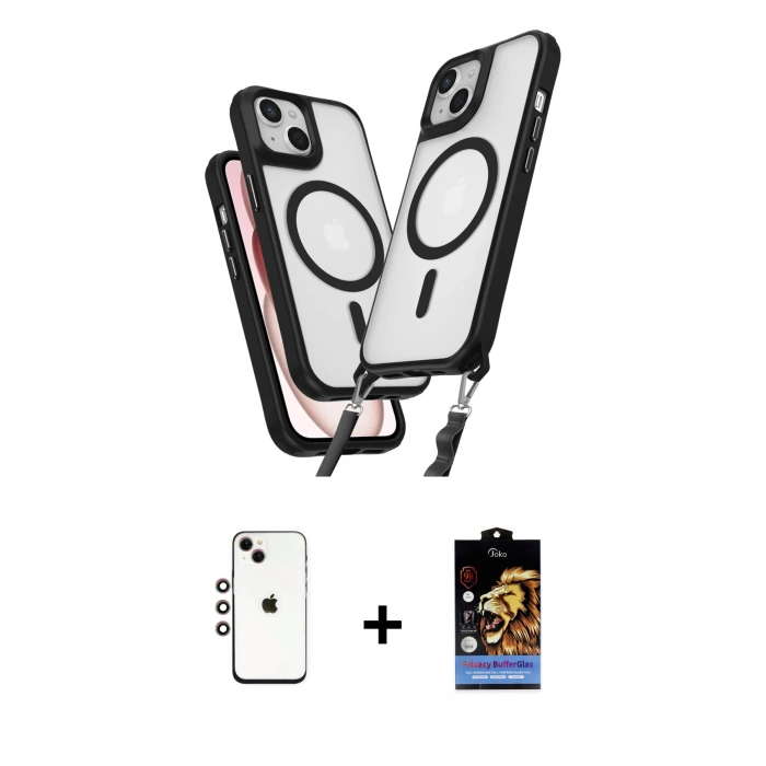 MARSİLYAN™- iPhone 14 Kılıf Atlas Doku Koleksiyonu - Siyah Buffer Hayalet Cam Ekran Koruyucu + Shine Kamera Lens - GI