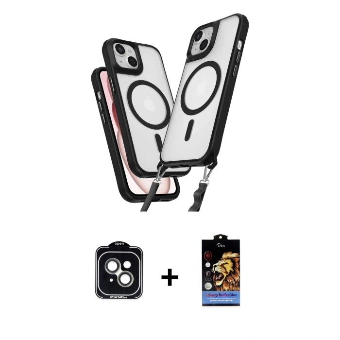 MARSİLYAN™- iPhone 14 Kılıf Atlas Doku Koleksiyonu - Siyah Buffer Hayalet Cam Ekran Koruyucu + PVD Metal Kamera Lens - YL