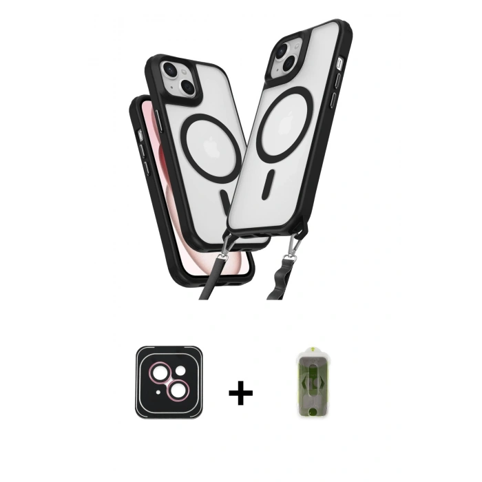MARSİLYAN™- iPhone 14 Kılıf Atlas Doku Koleksiyonu - Siyah Joko Magic 5D Hayalet Cam + PVD Metal Kamera Lens - PE