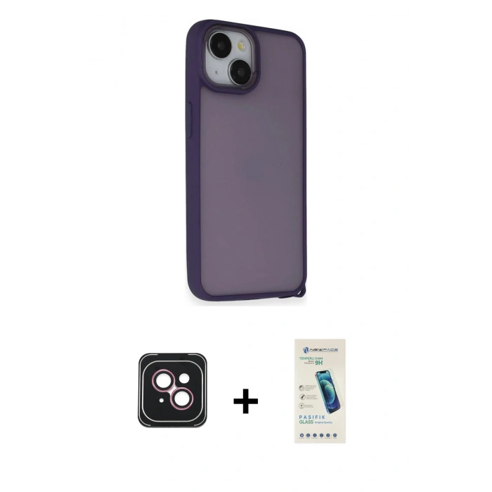 MARSİLYAN™- iPhone 14 Kılıf Atlas Form - Şeffaf Pasifik Cam Ekran Koruyucu + PVD Metal Kamera Lens - PE