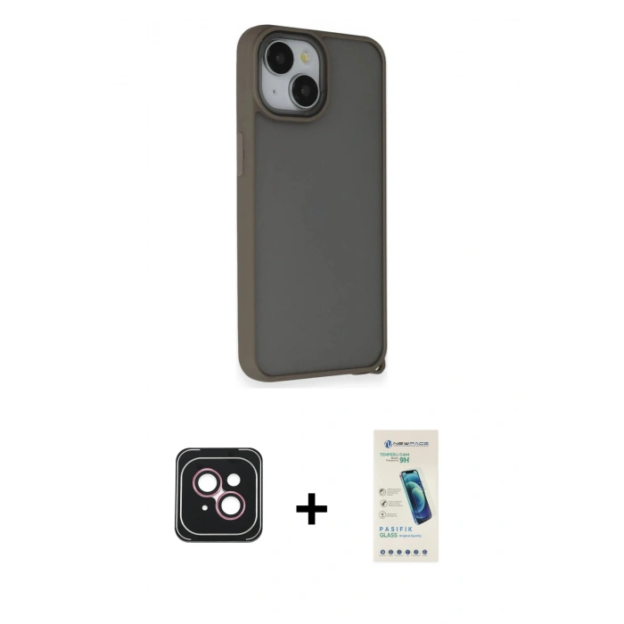 MARSİLYAN™- iPhone 14 Kılıf Atlas Form - Şeffaf Pasifik Cam Ekran Koruyucu + PVD Metal Kamera Lens - PE