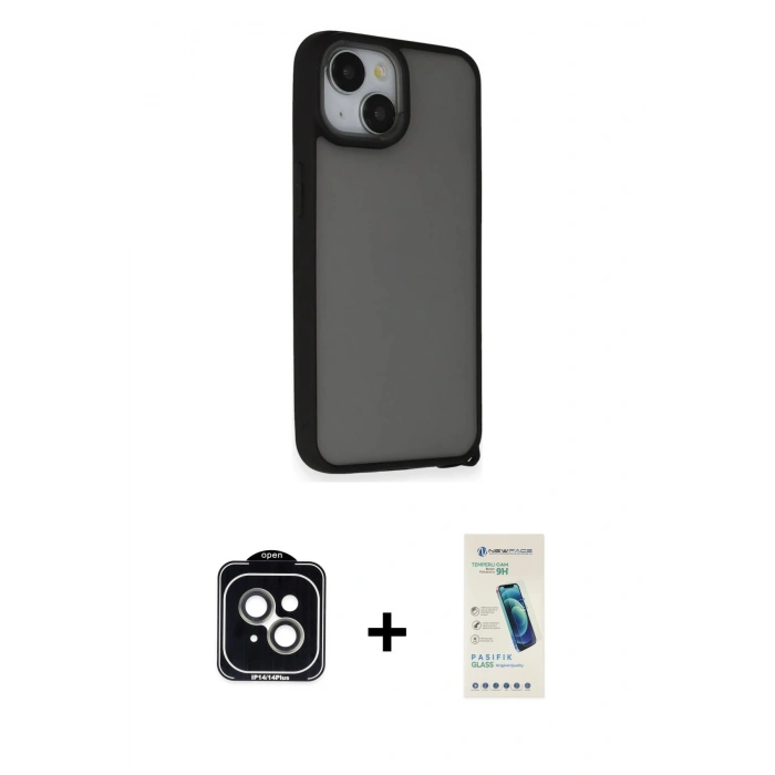 MARSİLYAN™- iPhone 14 Kılıf Atlas Form - Şeffaf Pasifik Cam Ekran Koruyucu + PVD Metal Kamera Lens - YL