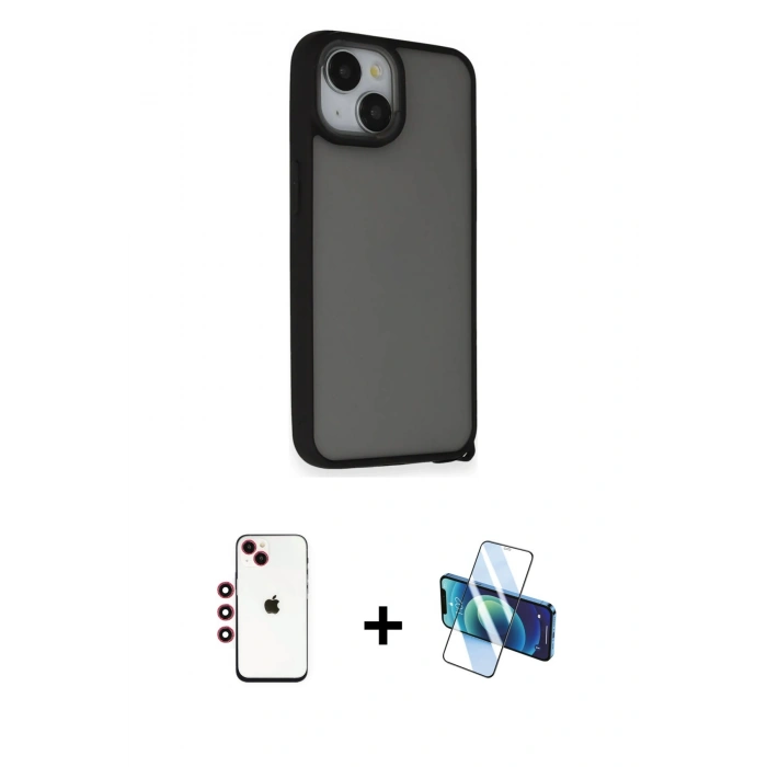 MARSİLYAN™- iPhone 14 Kılıf Atlas Form - Siyah 3D Antistatik Cam Ekran Koruyucu + Shine Kamera Lens - KI