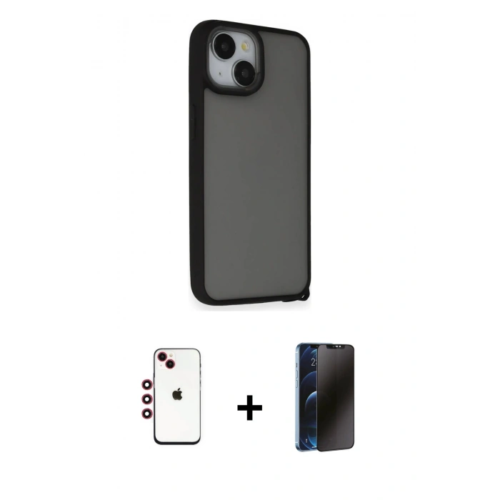 MARSİLYAN™- iPhone 14 Kılıf Atlas Form - Siyah 3D Antistatik Hayalet Cam Ekran Koruyucu + Shine Kamera Lens - KI