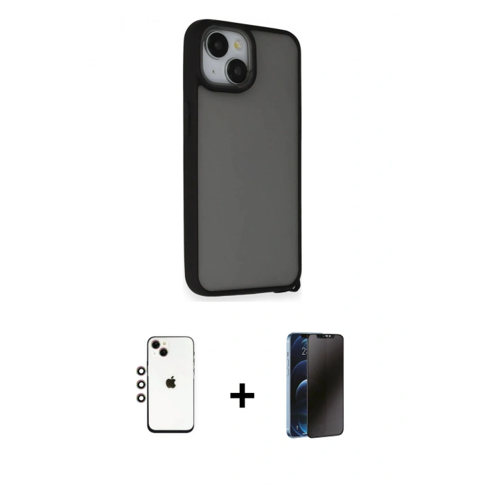 MARSİLYAN™- iPhone 14 Kılıf Atlas Form - Siyah 3D Antistatik Hayalet Cam Ekran Koruyucu + Shine Kamera Lens - GI