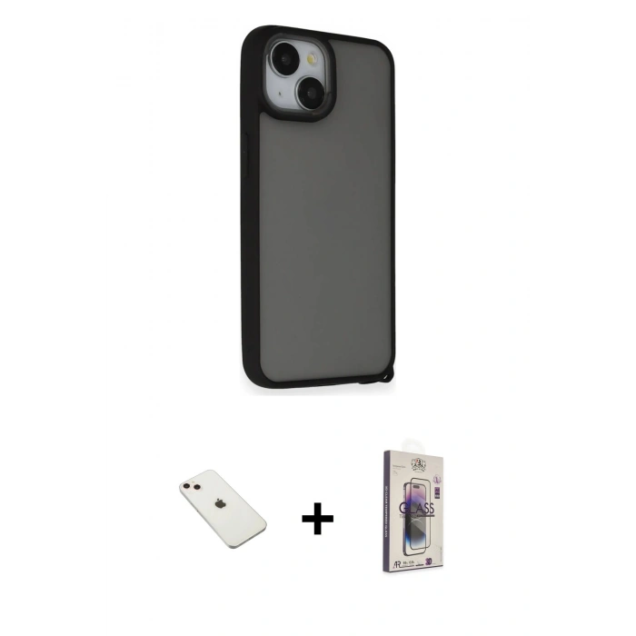 MARSİLYAN™- iPhone 14 Kılıf Atlas Form - Siyah Bilvis 3D Cam Ekran Koruyucu + Diamond Kamera Lens - PE
