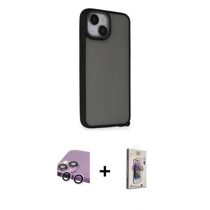 MARSİLYAN™- iPhone 14 Kılıf Atlas Form - Siyah Bilvis 3D Cam Ekran Koruyucu + Raze Metal Kamera Lens - MR