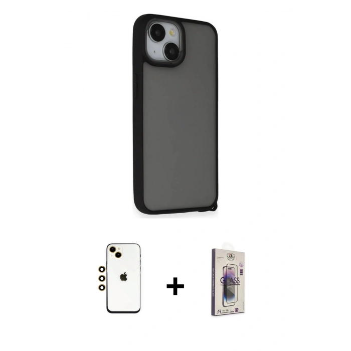 MARSİLYAN™- iPhone 14 Kılıf Atlas Form - Siyah Bilvis 3D Cam Ekran Koruyucu + Shine Kamera Lens - GD