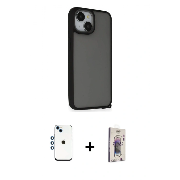 MARSİLYAN™- iPhone 14 Kılıf Atlas Form - Siyah Bilvis 3D Cam Ekran Koruyucu + Shine Kamera Lens - MI