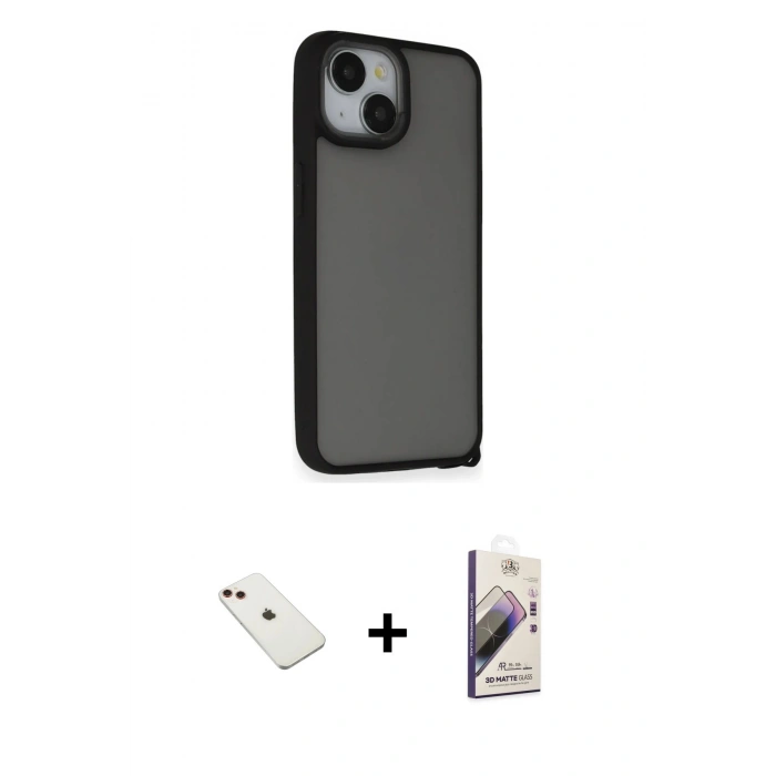 MARSİLYAN™- iPhone 14 Kılıf Atlas Form - Siyah Bilvis 3D Mat Cam Ekran Koruyucu + Diamond Kamera Lens - KI