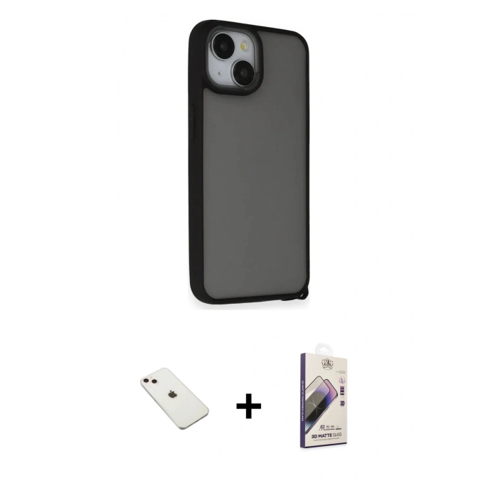 MARSİLYAN™- iPhone 14 Kılıf Atlas Form - Siyah Bilvis 3D Mat Cam Ekran Koruyucu + Diamond Kamera Lens - PE