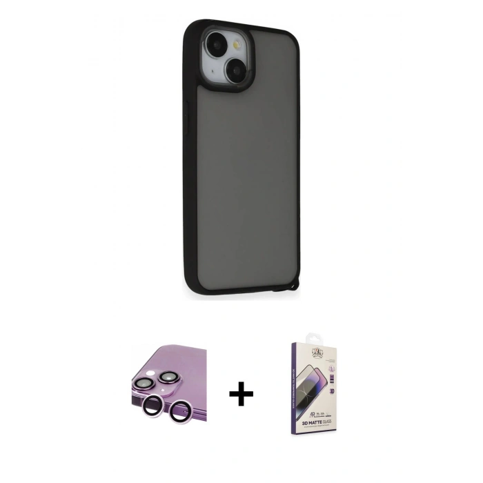 MARSİLYAN™- iPhone 14 Kılıf Atlas Form - Siyah Bilvis 3D Mat Cam Ekran Koruyucu + Raze Metal Kamera Lens - MR
