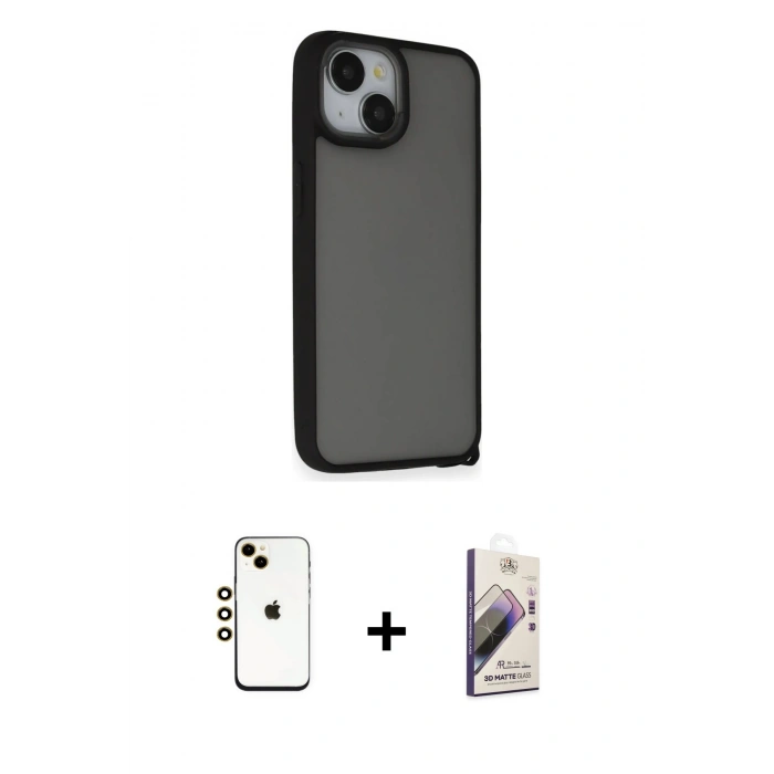 MARSİLYAN™- iPhone 14 Kılıf Atlas Form - Siyah Bilvis 3D Mat Cam Ekran Koruyucu + Shine Kamera Lens - GD