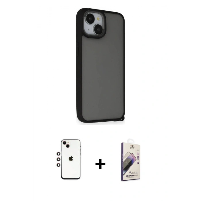 MARSİLYAN™- iPhone 14 Kılıf Atlas Form - Siyah Bilvis 3D Mat Cam Ekran Koruyucu + Shine Kamera Lens - GI