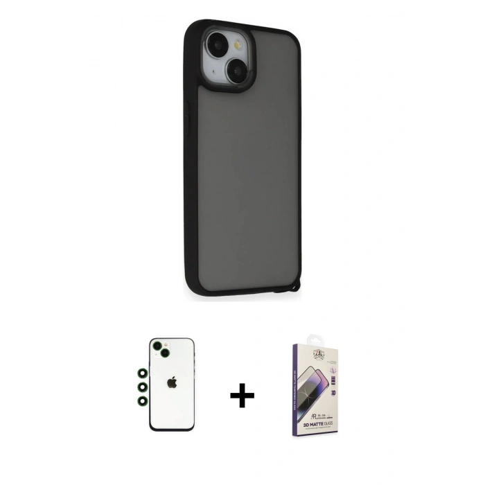 MARSİLYAN™- iPhone 14 Kılıf Atlas Form - Siyah Bilvis 3D Mat Cam Ekran Koruyucu + Shine Kamera Lens - YL