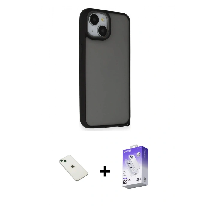 MARSİLYAN™- iPhone 14 Kılıf Atlas Form - Siyah Bilvis 5in1 3D Magic Cam Ekran Koruyucu + Diamond Kamera Lens - YL