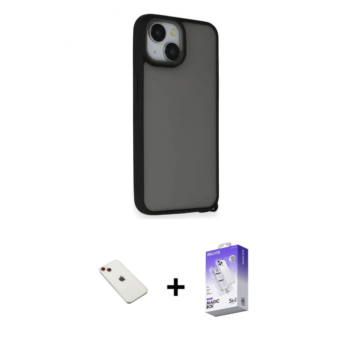 MARSİLYAN™- iPhone 14 Kılıf Atlas Form - Siyah Bilvis 5in1 3D Magic Cam Ekran Koruyucu + Diamond Kamera Lens - KI