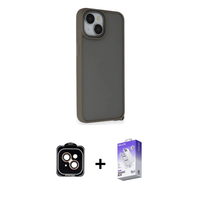 MARSİLYAN™- iPhone 14 Kılıf Atlas Form - Siyah Bilvis 5in1 3D Magic Cam Ekran Koruyucu + PVD Metal Kamera Lens - TU