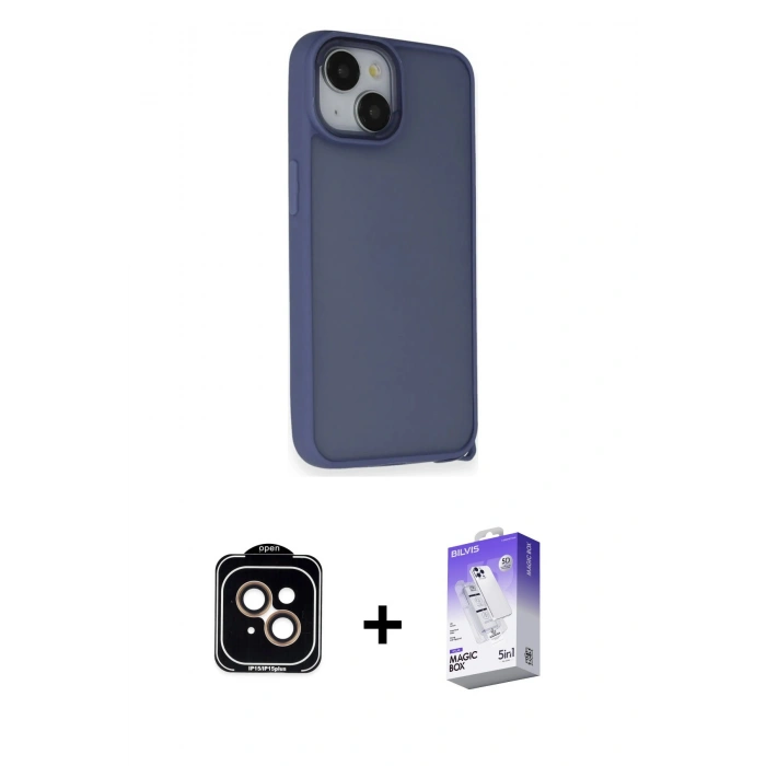 MARSİLYAN™- iPhone 14 Kılıf Atlas Form - Siyah Bilvis 5in1 3D Magic Cam Ekran Koruyucu + PVD Metal Kamera Lens - TU