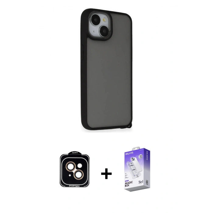 MARSİLYAN™- iPhone 14 Kılıf Atlas Form - Siyah Bilvis 5in1 3D Magic Cam Ekran Koruyucu + PVD Metal Kamera Lens - TU