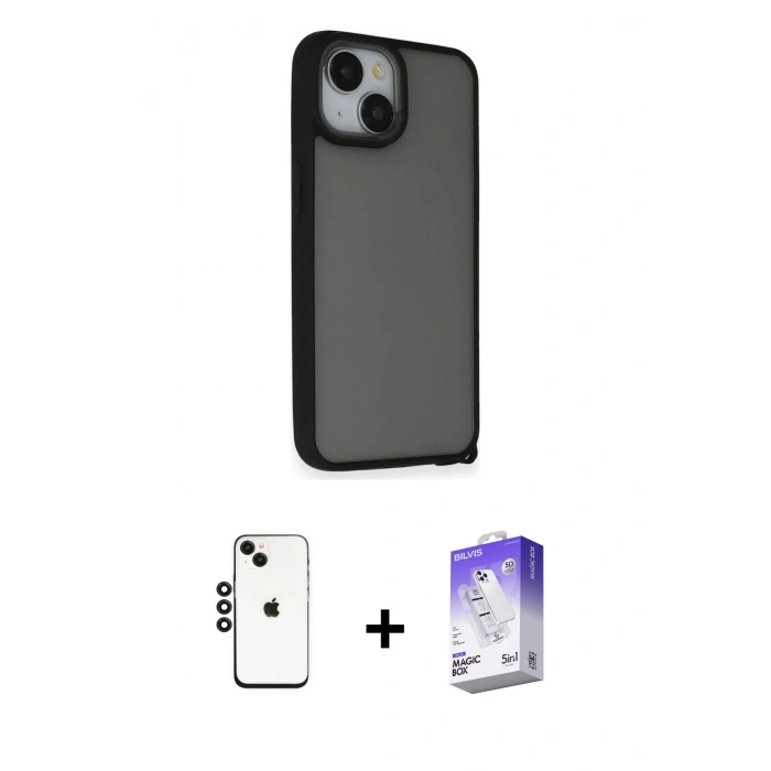 MARSİLYAN™- iPhone 14 Kılıf Atlas Form - Siyah Bilvis 5in1 3D Magic Cam Ekran Koruyucu + Shine Kamera Lens - SH