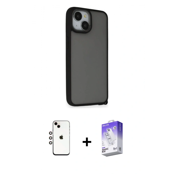 MARSİLYAN™- iPhone 14 Kılıf Atlas Form - Siyah Bilvis 5in1 3D Magic Cam Ekran Koruyucu + Shine Kamera Lens - GI