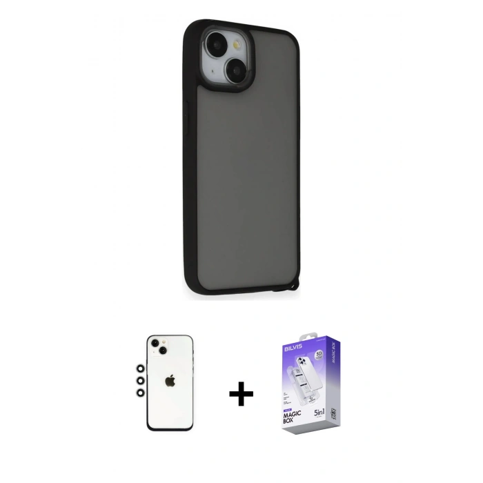MARSİLYAN™- iPhone 14 Kılıf Atlas Form - Siyah Bilvis 5in1 3D Magic Cam Ekran Koruyucu + Shine Kamera Lens - GS