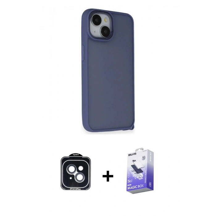 MARSİLYAN™- iPhone 14 Kılıf Atlas Form - Siyah Bilvis 5in1 5D Magic Hayalet Cam Ekran Koruyucu + PVD Metal Kamera Lens - SH