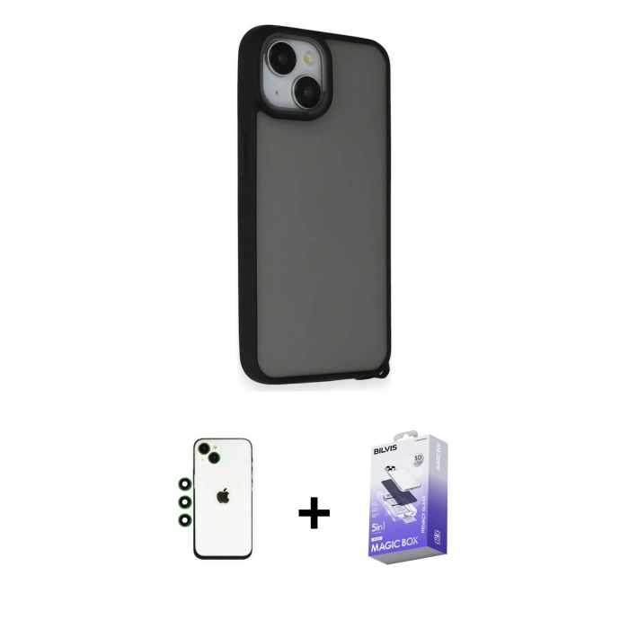 MARSİLYAN™- iPhone 14 Kılıf Atlas Form - Siyah Bilvis 5in1 5D Magic Hayalet Cam Ekran Koruyucu + Shine Kamera Lens - YL
